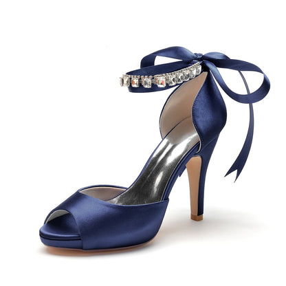 Women's Silk Satin With Ankle Strap Lace-up Rhinestone Peep Toe Stiletto Heel Evening Shoes