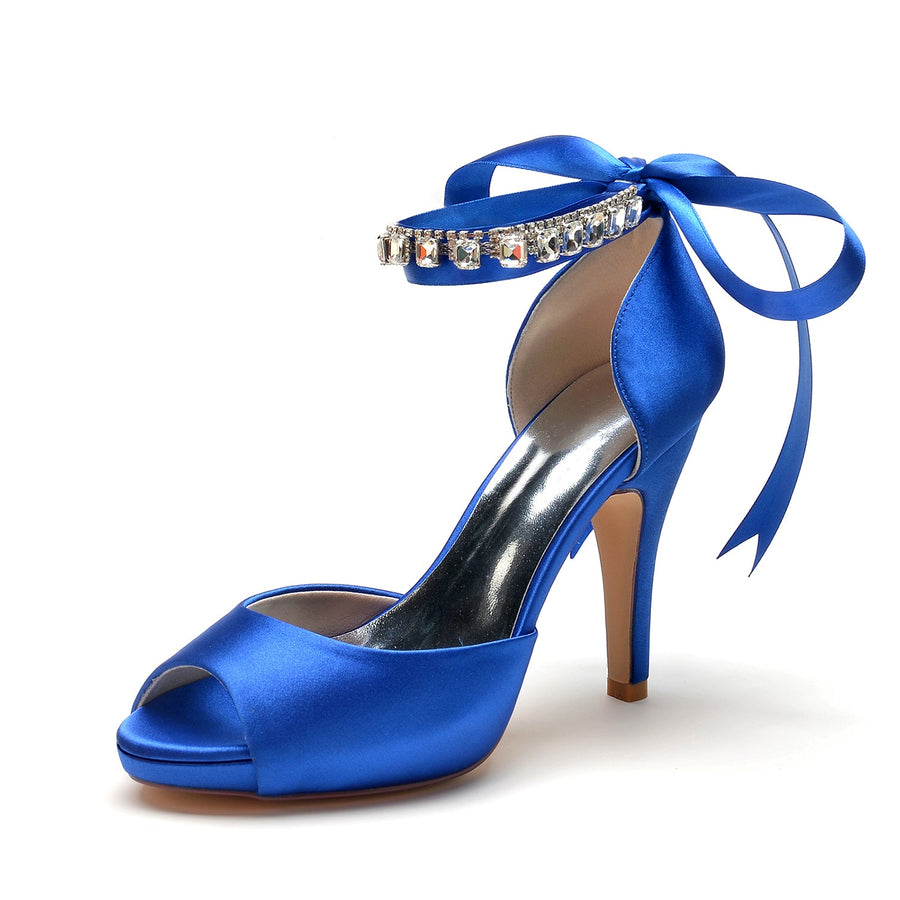 Women's Silk Satin With Ankle Strap Lace-up Rhinestone Peep Toe Stiletto Heel Evening Shoes