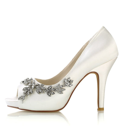 Women's Silk Satin With Flower Rhinestone Peep Toe Stiletto Heel Wedding Shoes