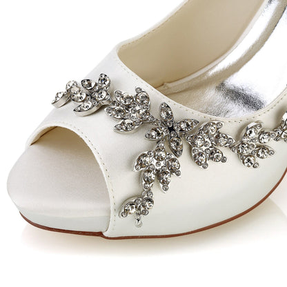 Women's Silk Satin With Flower Rhinestone Peep Toe Stiletto Heel Wedding Shoes