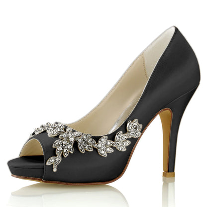 Women's Silk Satin With Flower Rhinestone Peep Toe Stiletto Heel Wedding Shoes