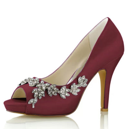 Women's Silk Satin With Flower Rhinestone Peep Toe Stiletto Heel Wedding Shoes