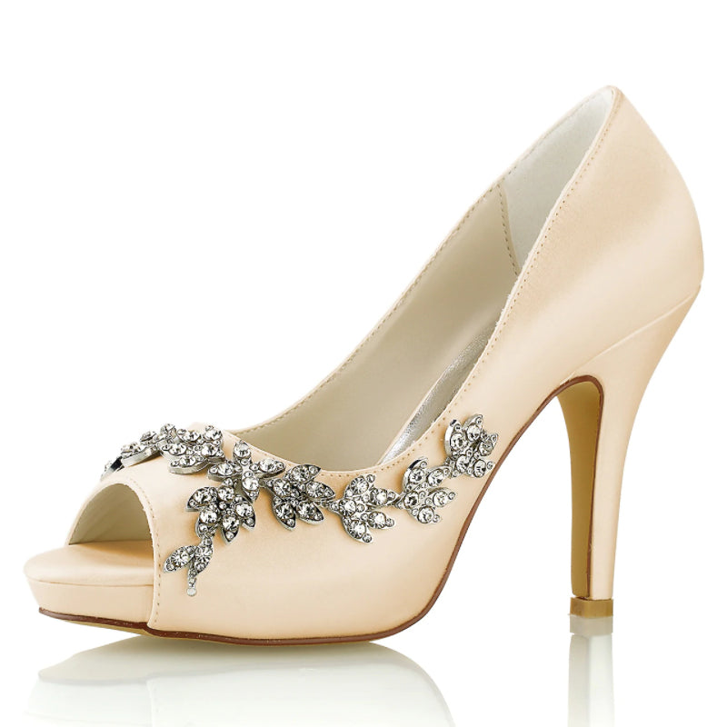 Women's Silk Satin With Flower Rhinestone Peep Toe Stiletto Heel Wedding Shoes