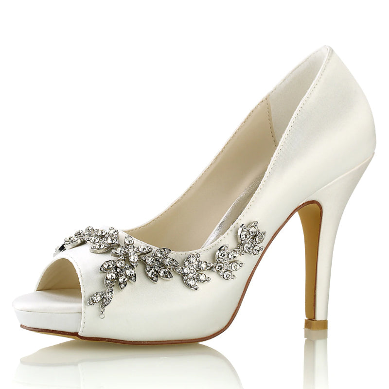 Women's Silk Satin With Flower Rhinestone Peep Toe Stiletto Heel Wedding Shoes