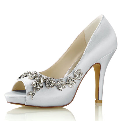 Women's Silk Satin With Flower Rhinestone Peep Toe Stiletto Heel Wedding Shoes