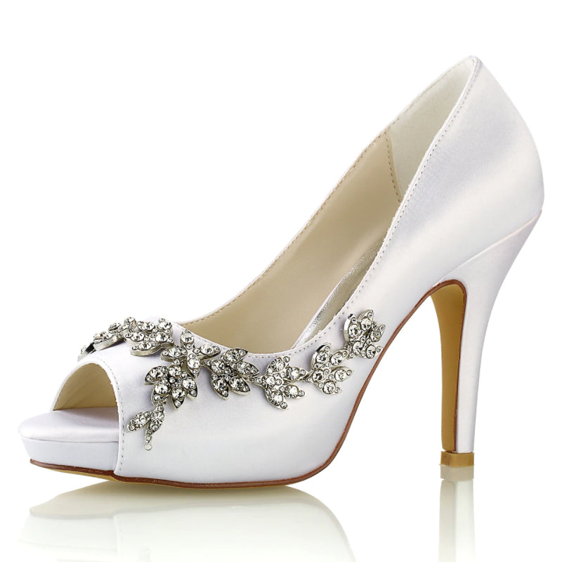 Women's Silk Satin With Flower Rhinestone Peep Toe Stiletto Heel Wedding Shoes