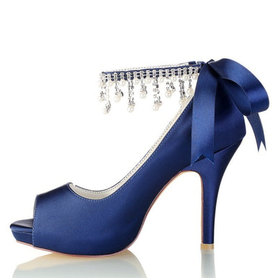 Women's Silk Satin With Ankle Strap Lace-up Rhinestone Tassel Peep Toe Stiletto Heel Wedding Shoes