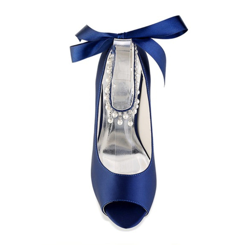 Women's Silk Satin With Ankle Strap Lace-up Rhinestone Tassel Peep Toe Stiletto Heel Wedding Shoes