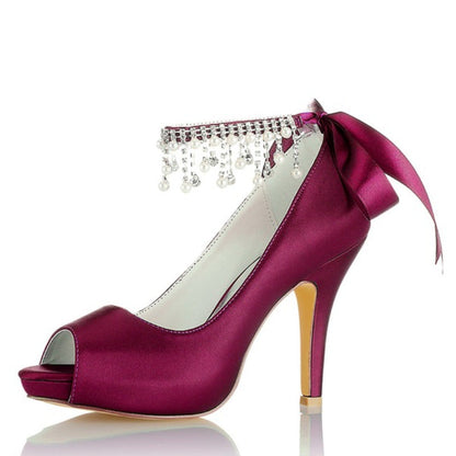 Women's Silk Satin With Ankle Strap Lace-up Rhinestone Tassel Peep Toe Stiletto Heel Wedding Shoes