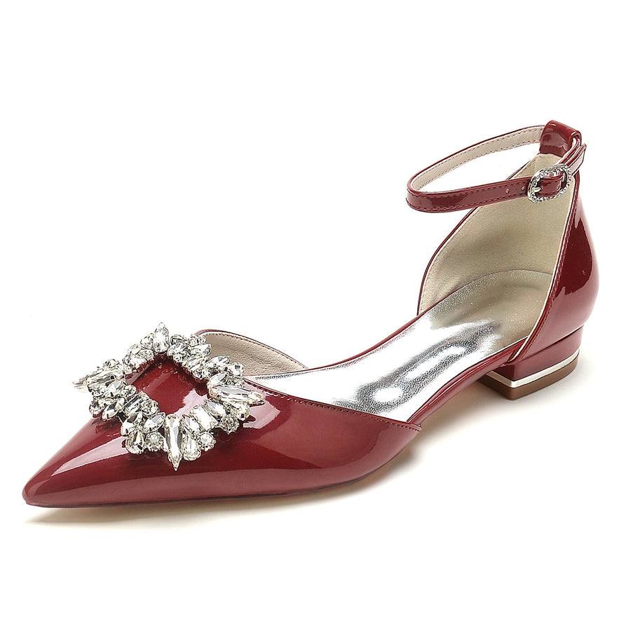 Women's Ankle Strap Patent Leather Mirror Finish With Rhinestone Closed Toe Flat Heel Wedding Shoes