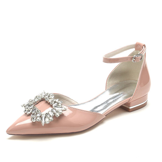 Women's Ankle Strap Patent Leather Mirror Finish With Rhinestone Closed Toe Flat Heel Wedding Shoes