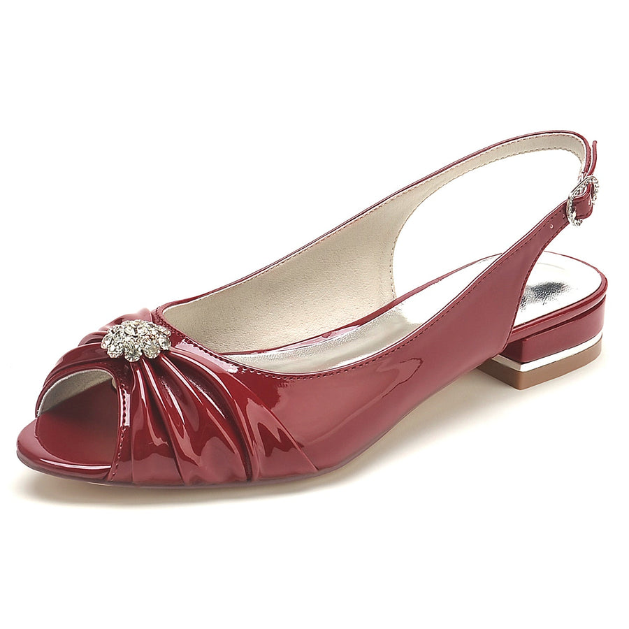 Women's Patent Leather Mirror Finish With Flower Rhinestone Peep Toe Flat Heel Evening Shoes