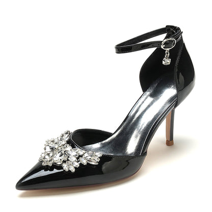 Women's Patent Leather Mirror Finish With Ankle Strap Rhinestone Closed Toe Stiletto Heel Wedding Shoes