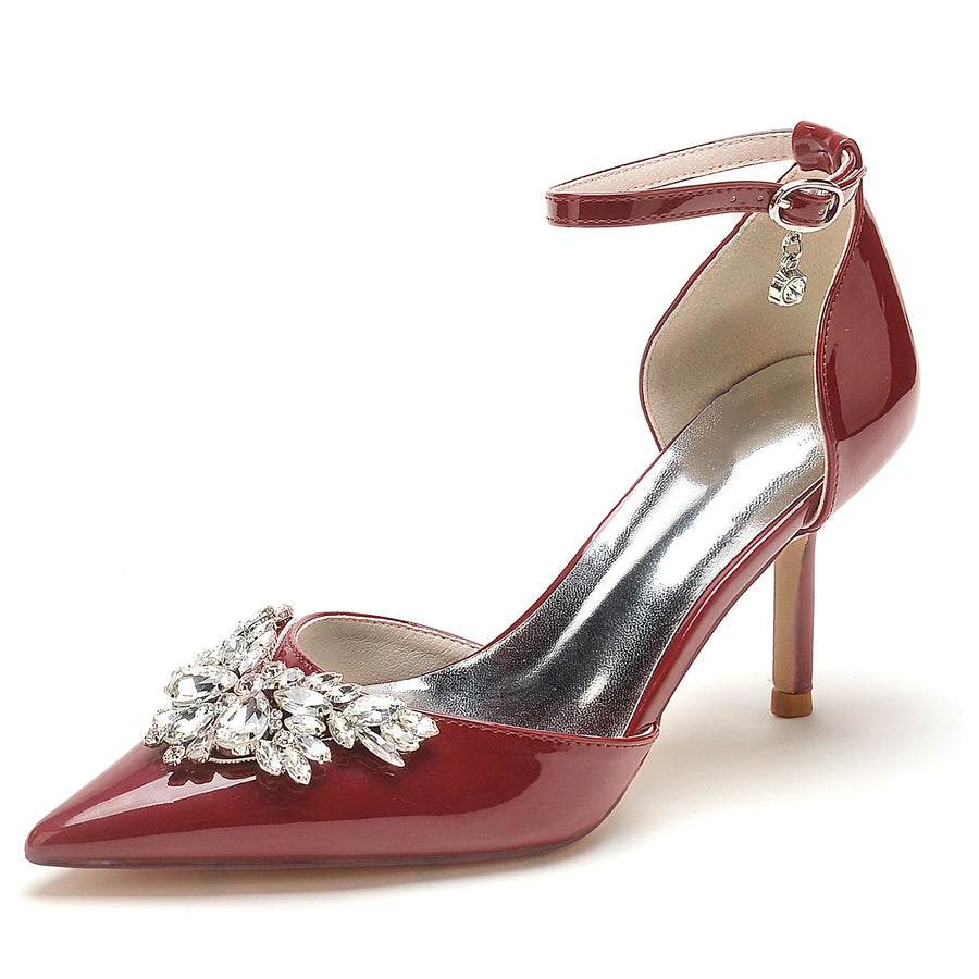 Women's Patent Leather Mirror Finish With Ankle Strap Rhinestone Closed Toe Stiletto Heel Wedding Shoes