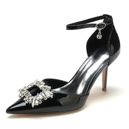 Women's Patent Leather Mirror Finish Ankle Strap Rhinestone Closed Toe Stiletto Heel Evening Shoes