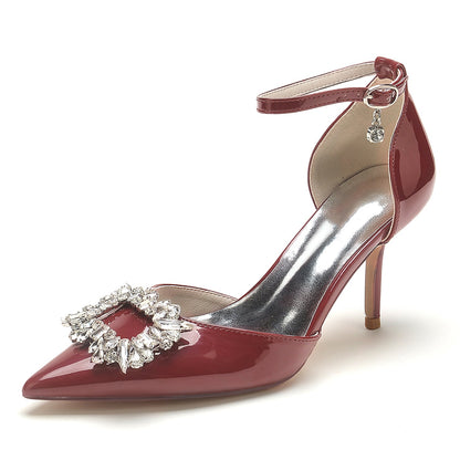 Women's Patent Leather Mirror Finish Ankle Strap Rhinestone Closed Toe Stiletto Heel Evening Shoes