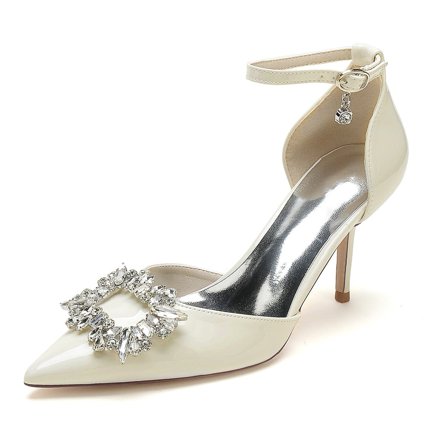 Women's Patent Leather Mirror Finish Ankle Strap Rhinestone Closed Toe Stiletto Heel Evening Shoes