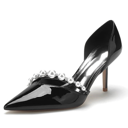 Women's Patent Leather Mirror Finish Pearl Closed Toe Stiletto Heel Party Shoes