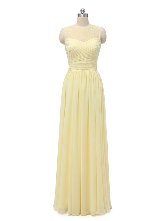 A-Line/Princess Scoop Chiffon Lace With Pleats Floor-Length Bridesmaid Dresses