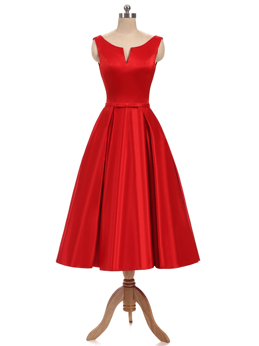 A-Line/Princess V-Neck Sleeveless Satin With Bowknot Backless Tea-Length Bridesmaid Dresses