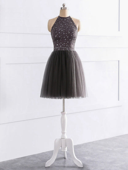 A-Line/Princess Halter Sleeveless Satin Tulle With Beading Short/Mini Bridesmaid Dresses