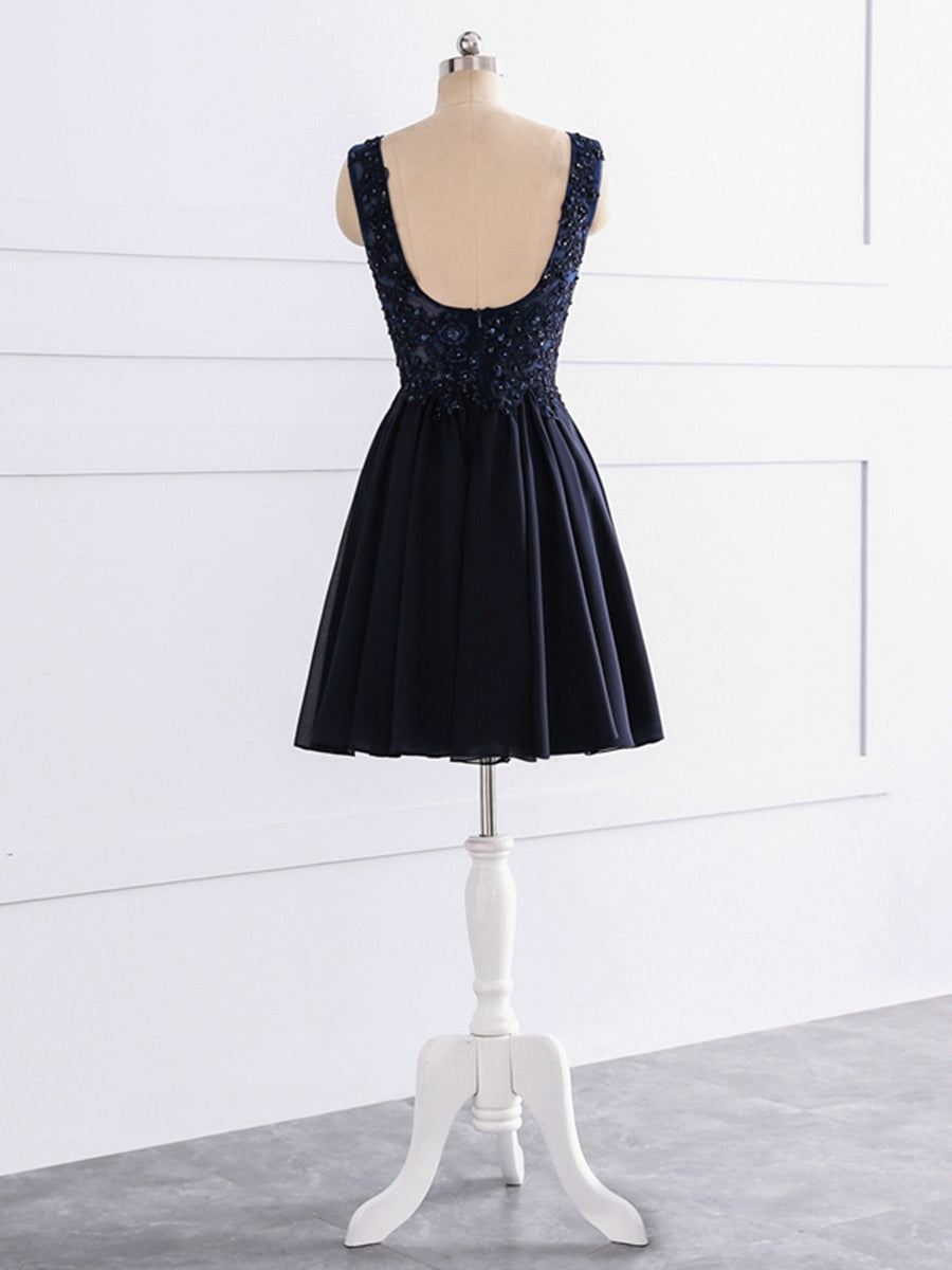 A-Line/Princess V-Neck Sleeveless Satin With Applique Beading Short/Mini Bridesmaid Dresses