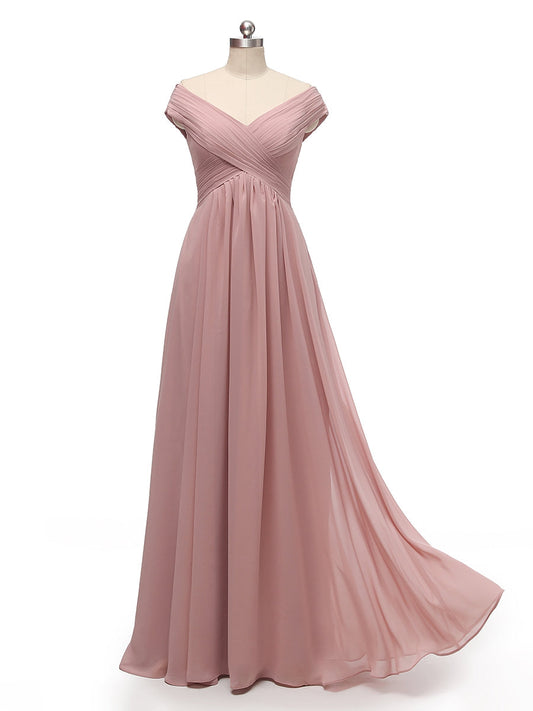 A-Line/Princess Capped V-Neck Sleeveless Chiffon With Pleats Floor-Length Bridesmaid Dresses