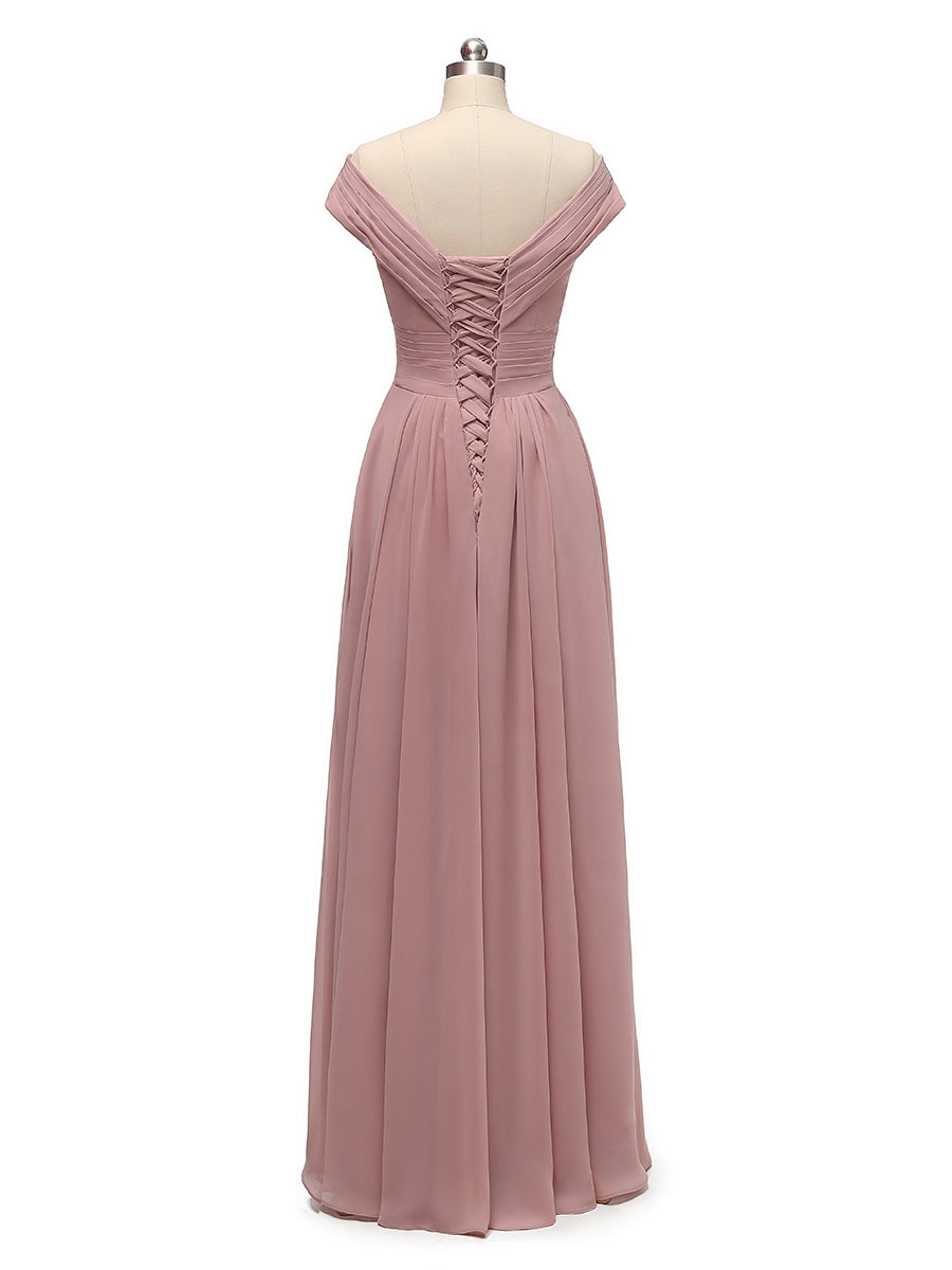 A-Line/Princess Capped V-Neck Sleeveless Chiffon With Pleats Floor-Length Bridesmaid Dresses