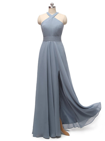 A-Line/Princess Halter Sleeveless Split Side Chiffon With Pleats Floor-Length Bridesmaid Dresses