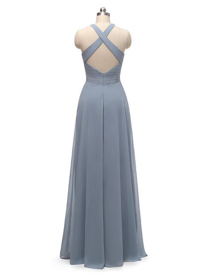 A-Line/Princess Halter Sleeveless Split Side Chiffon With Pleats Floor-Length Bridesmaid Dresses