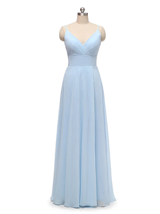 A-Line/Princess Spaghetti Straps V-Neck Sleeveless Chiffon With Pleats Floor-Length Bridesmaid Dresses