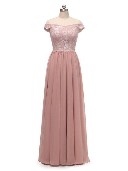 A-Line/Princess Off-the-Shoulder Sleeveless Chiffon With Lace Floor-Length Bridesmaid Dresses