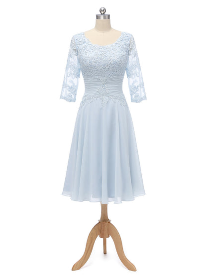 A-Line/Princess Scoop Half Sleeves Chiffon With Pleats Applique Knee-Length Bridesmaid Dresses