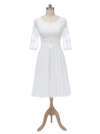 A-Line/Princess Scoop Half Sleeves Chiffon With Pleats Applique Short Wedding Dresses