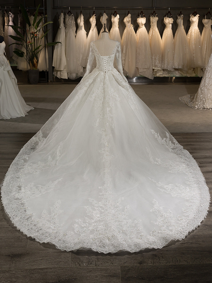 Scoop Long Sleeves Tulle Applique With Beading Chapel Train Ball Gown Wedding Dresses