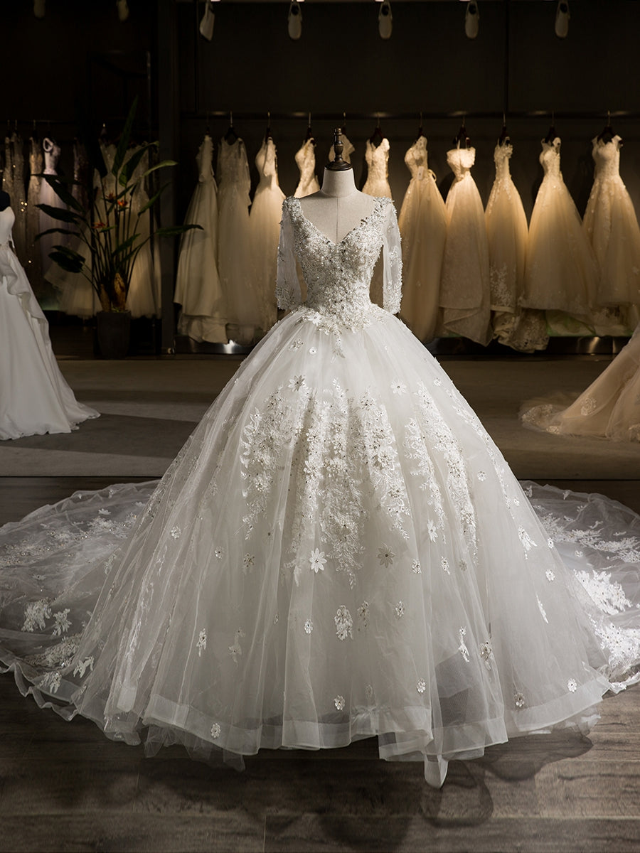 Ball gown wedding dress with cathedral train best sale