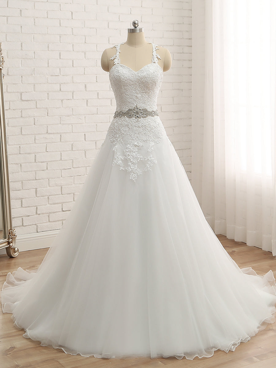 A-Line/Princess Spaghetti Straps Sleeveless Applique With Belt Tulle Floor-Length Wedding Dresses