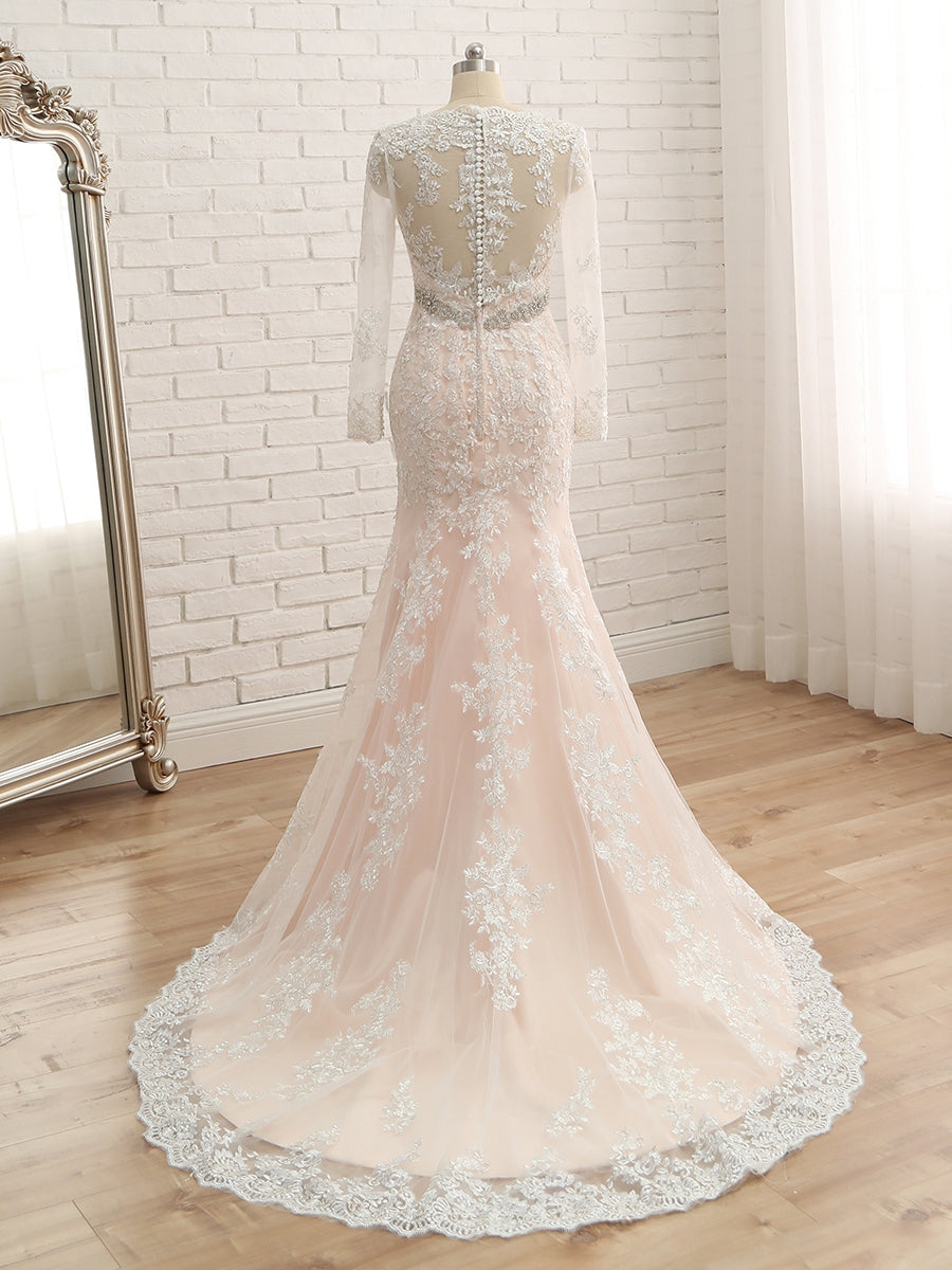 Trumpet/Mermaid V-Neck Long Sleeves Applique With Rhinestone Tulle Floor-Length Wedding Dresses