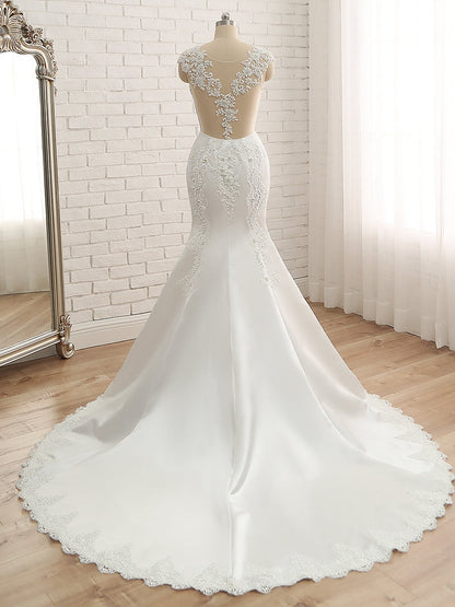 Trumpet/Mermaid Scoop Sleeveless Applique With Beading Lace Satin Court Train Wedding Dresses