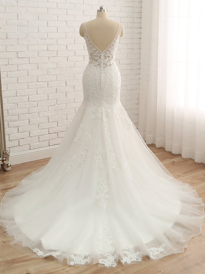 Trumpet/Mermaid V-Neck Sleeveless Applique With Beading Tulle Court Train Wedding Dresses