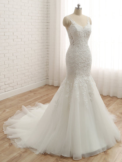 Trumpet/Mermaid V-Neck Sleeveless Applique With Beading Tulle Court Train Wedding Dresses