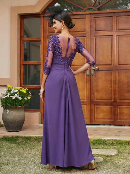 A-Line/Princess Long Evening Dresses with Lace Appliques & Half Sleeves