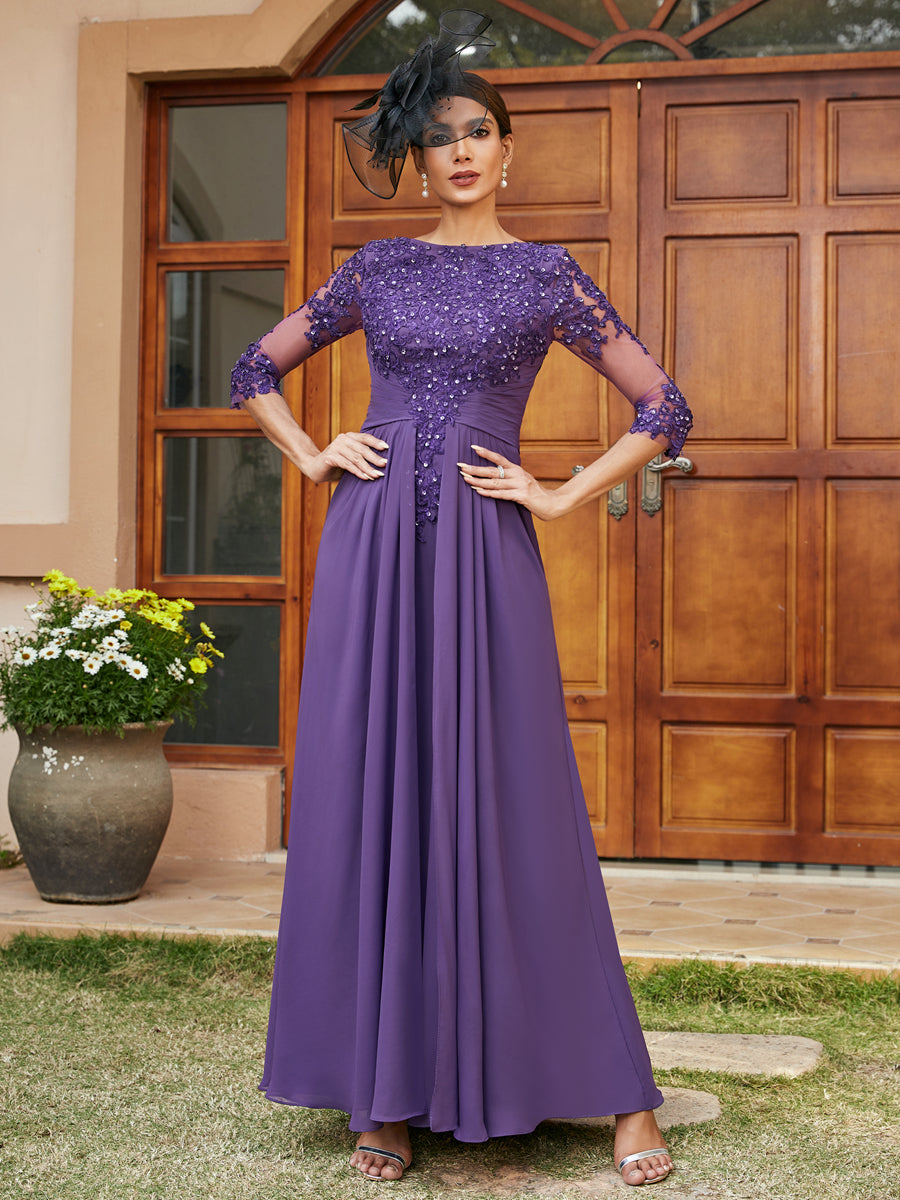 A-Line/Princess Long Evening Dresses with Lace Appliques & Half Sleeves