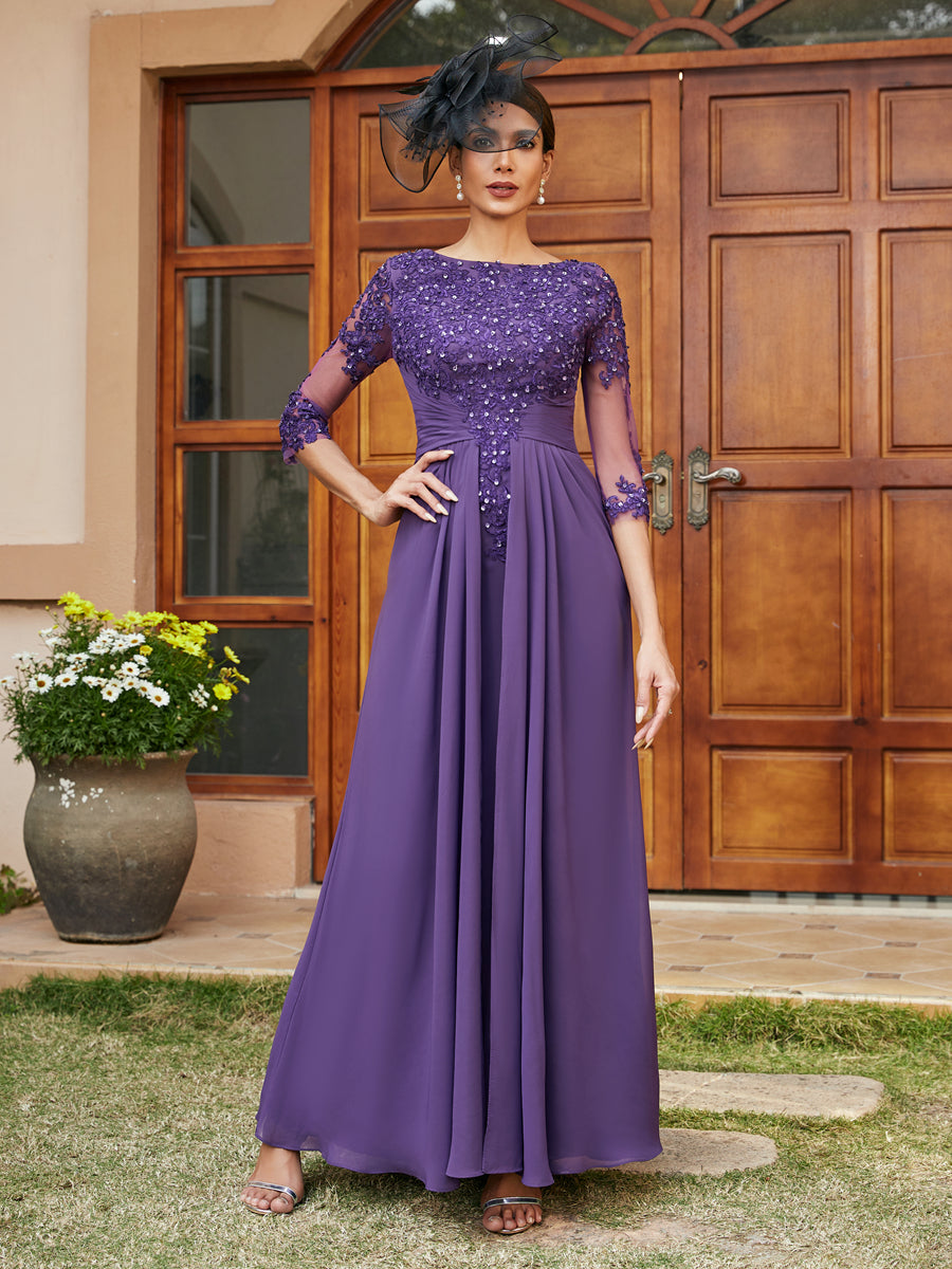 A-Line/Princess Long Evening Dresses with Lace Appliques & Half Sleeves