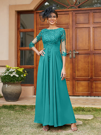 A-Line/Princess Long Evening Dresses with Lace Appliques & Half Sleeves