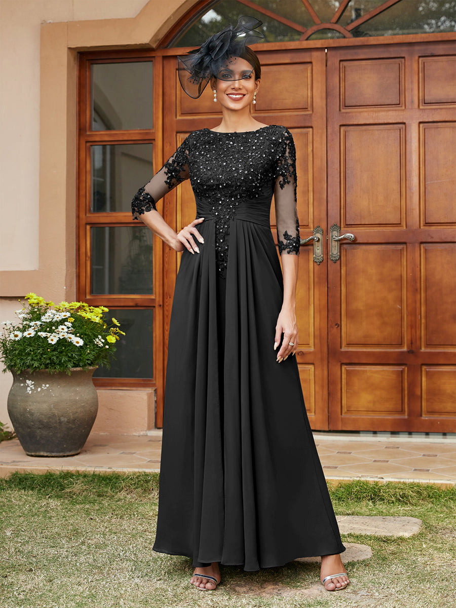 A-Line/Princess Long Evening Dresses with Lace Appliques & Half Sleeves