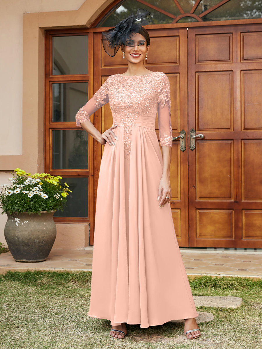 A-Line/Princess Long Evening Dresses with Lace Appliques & Half Sleeves