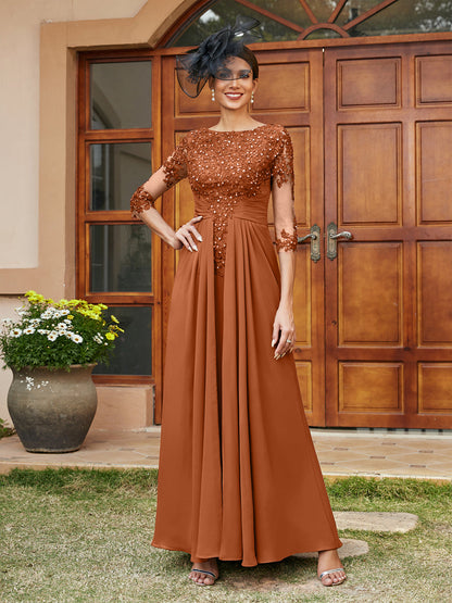 A-Line/Princess Long Evening Dresses with Lace Appliques & Half Sleeves