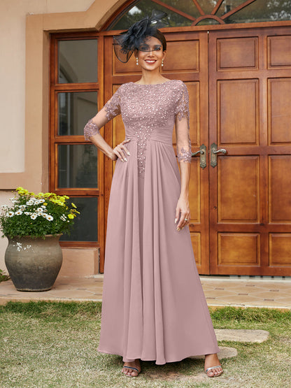 A-Line/Princess Long Evening Dresses with Lace Appliques & Half Sleeves