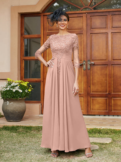 A-Line/Princess Long Evening Dresses with Lace Appliques & Half Sleeves